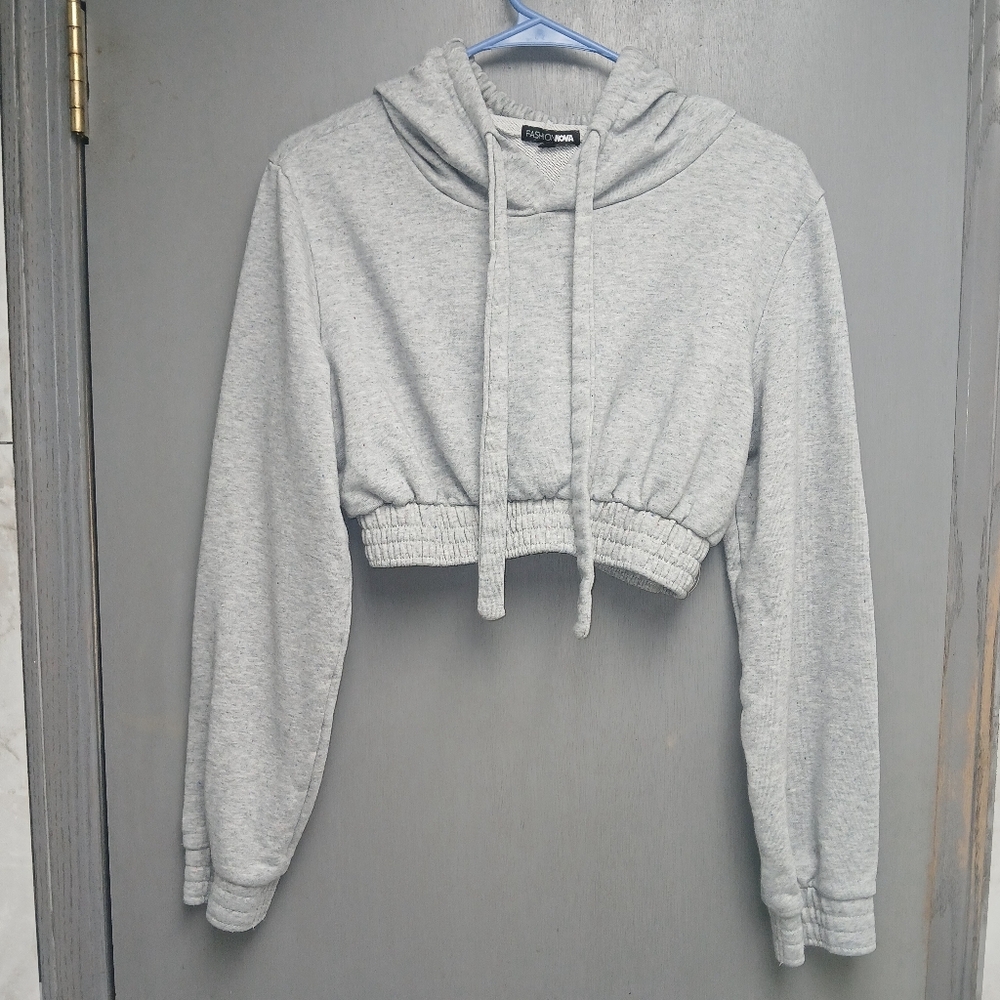 Fashion Nova Gray Ribbed Cropped Hoodie